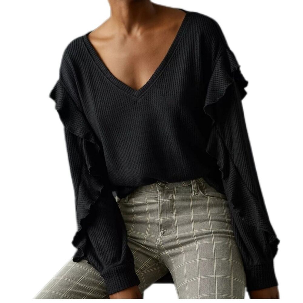 PILCRO Thermal Long Sleeve V Neck Ruffle Top Black Size XS